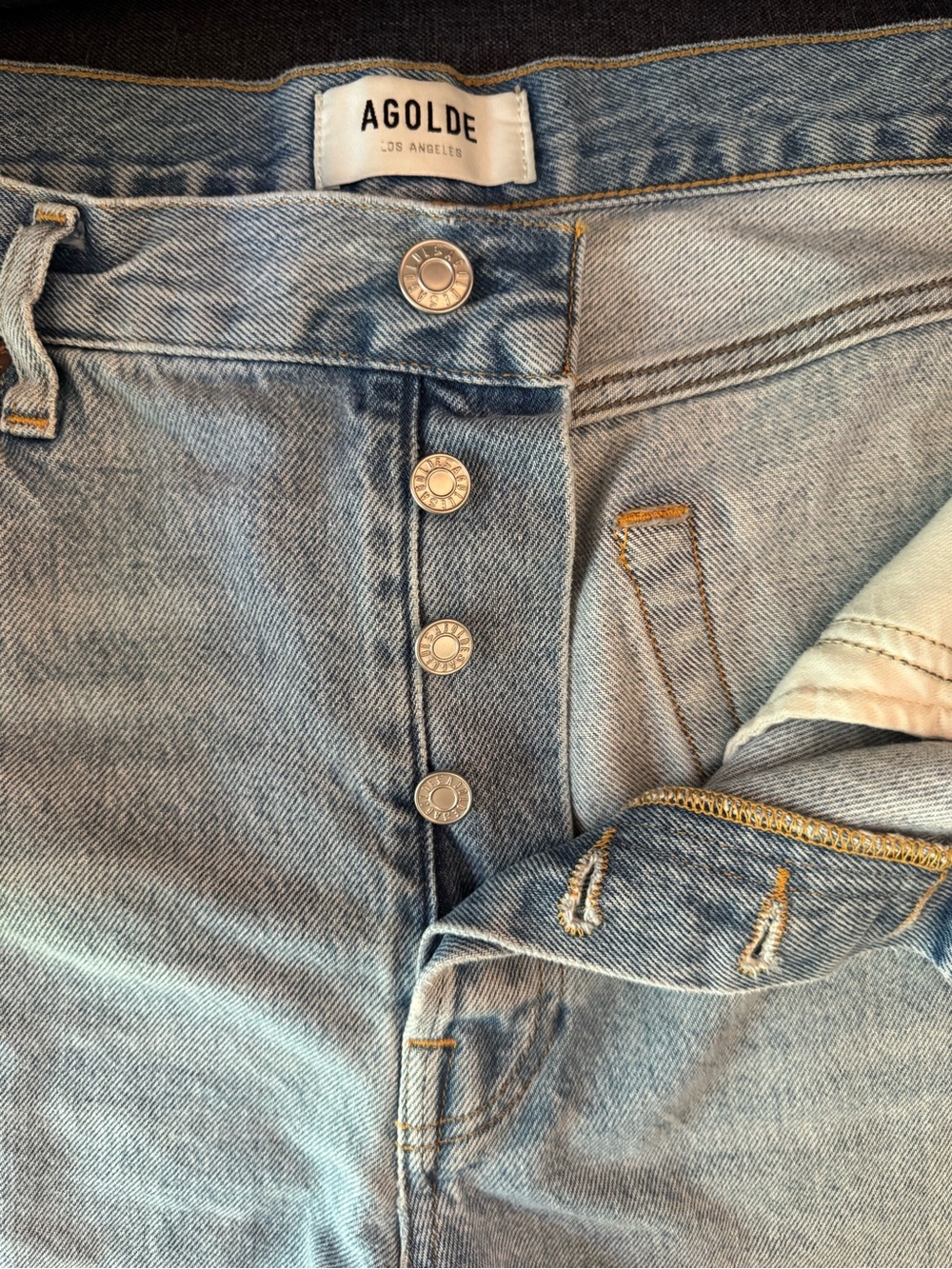 Agolde Light Blue Distressed Denim Shorts with Frayed Hem - Picture 2 of 4